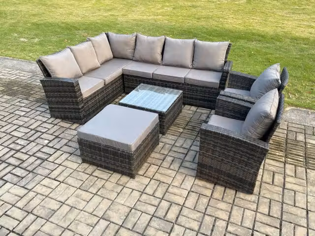 Fimous Rattan Garden Furniture Set in Dark Grey with Corner Sofa, Square Coffee Table, Big Footstool and 2 Armchairs