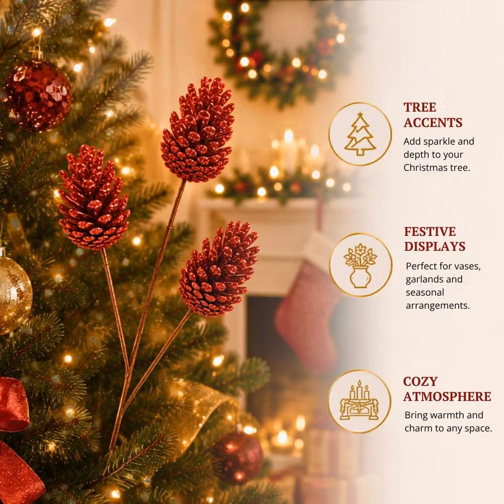 Shatchi Red Glitter Pine Cone Christmas Picks, 12 Pack, Height: 58 cm – 6