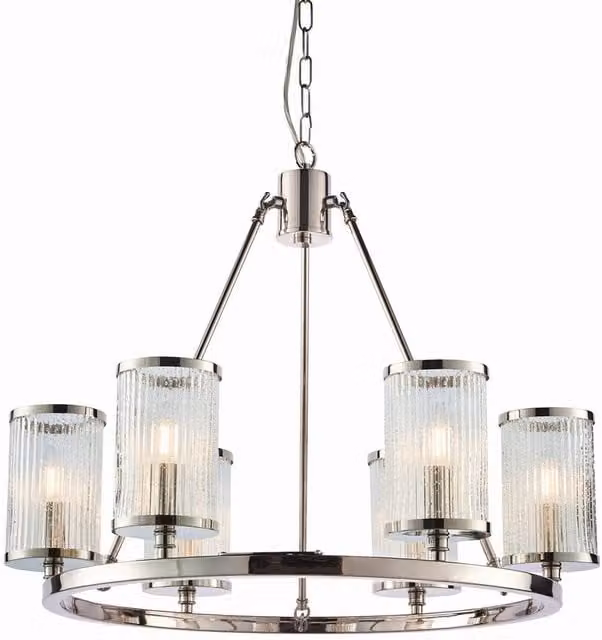 Endon Easton 6 Light Multi Arm Pendant Light in Bright Nickel with Clear Ribbed Bubble Effect Glass, E14