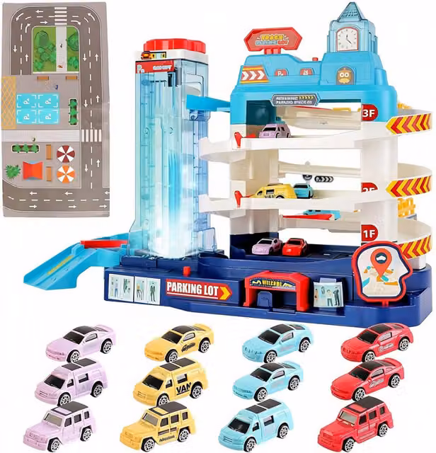 deAO Multicolour Vehicle Garage Race Track Toy Set with Electric Elevator and Vehicles, W/D/H: 36.0 x 12.0 cm