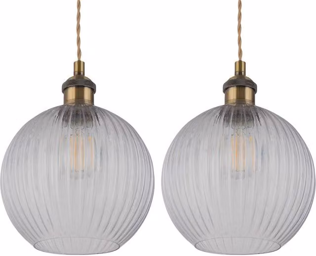 First Choice Lighting Betchley Set of 2 Antique Brass Braided Pendant Lights with Transparent Glass Shades
