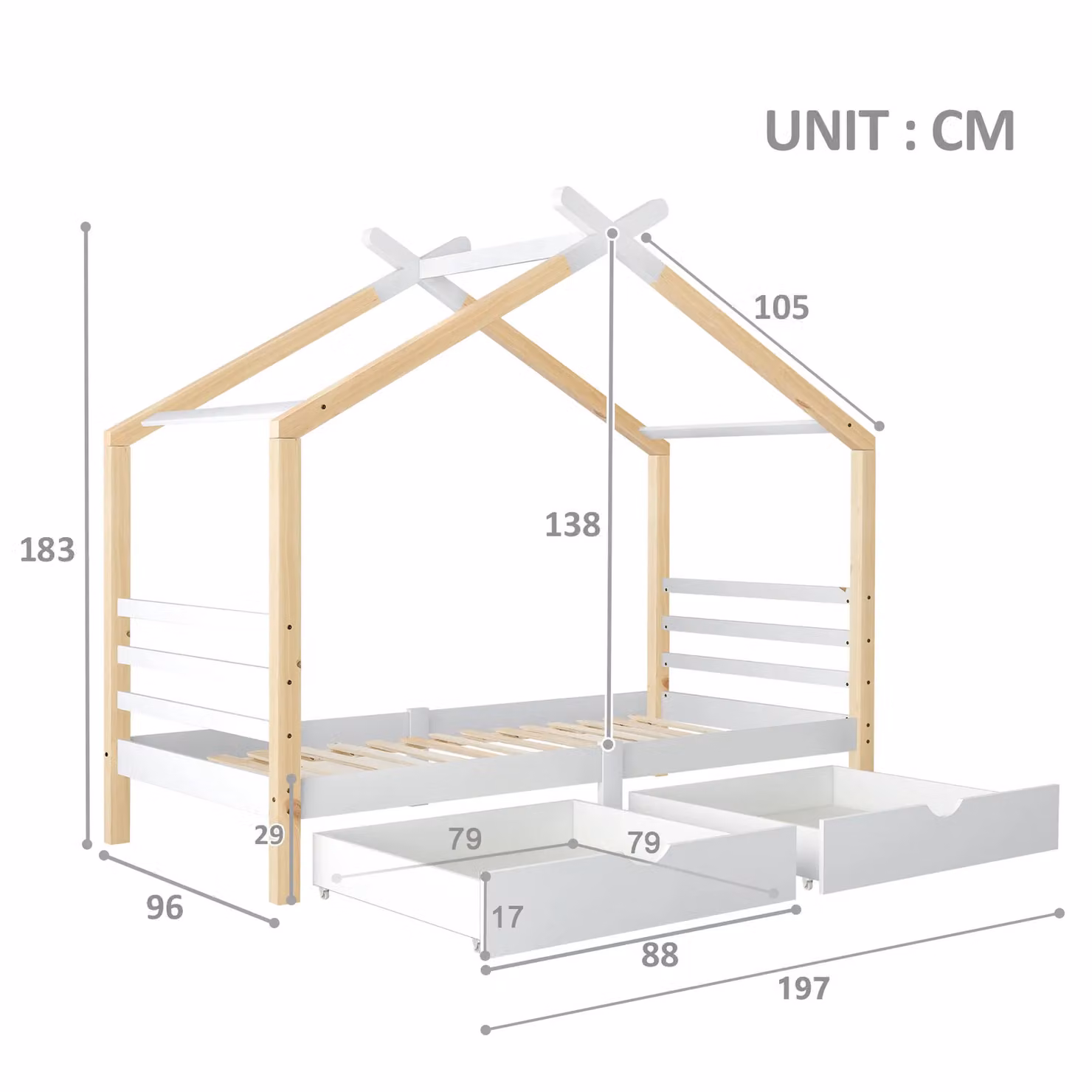 Matteo Single House Tree Canopy Bed with Storage Drawers in Natural Solid Pine Wood, W/D/H: 90 x 190 cm – 2