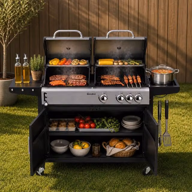 Groundlevel Large Family Gas Garden BBQ Grill with Cart, Black