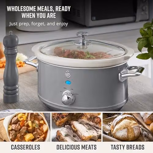 Swan Retro Slow Cooker with Keep Warm Function and Dishwasher Safe Parts, 3.5L, 200W, Grey – 5