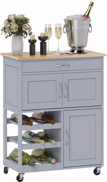 HOMCOM Rolling Kitchen Island Trolley Storage Cart with Rubberwood Top, Grey and White