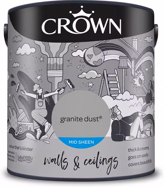 Crown Walls and Ceilings Mid Sheen Emulsion in Granite Dust Grey, 2.5l