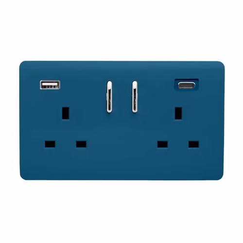 Trendi 2 Gang 13 Amp USB Switched Flush Socket with Type A and C Ports, Blue – 2