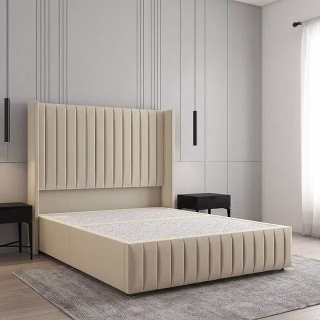 Regional Furnishings Luxury Single Divan Bed with Plush Headboard and Footboard in Beige Velvet, W/D/H: 90 x 190 cm