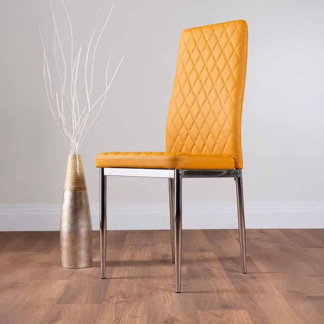 FurnitureboxUK Set of 4 Milan High Back Diamond Pattern Faux Leather Dining Chairs in Mustard with Chrome Metal Legs – 1