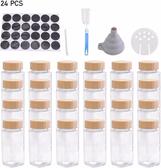 PAWNORA Set of 24 Airtight and Leakproof Clear Glass Spice Jars