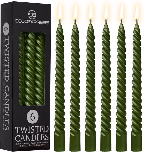 Deco Express Pack of 6 Dark Green Spiral Twisted Candles