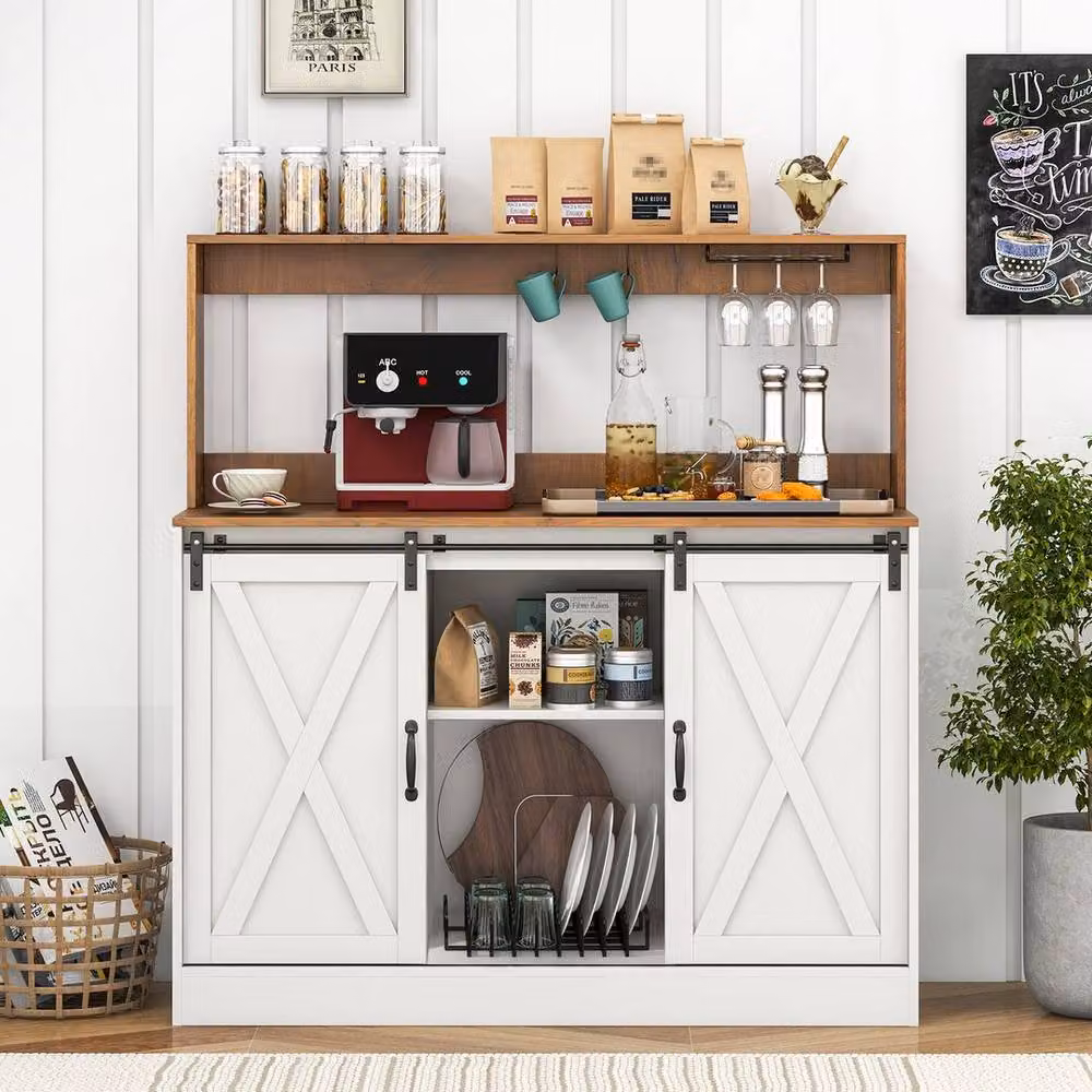 KORVIXA White and Brown Rustic Coffee Bar Cabinet with Charging Station and Glass Sliding Doors, W: 100 cm x D: 100 cm x H: 100 cm – 3