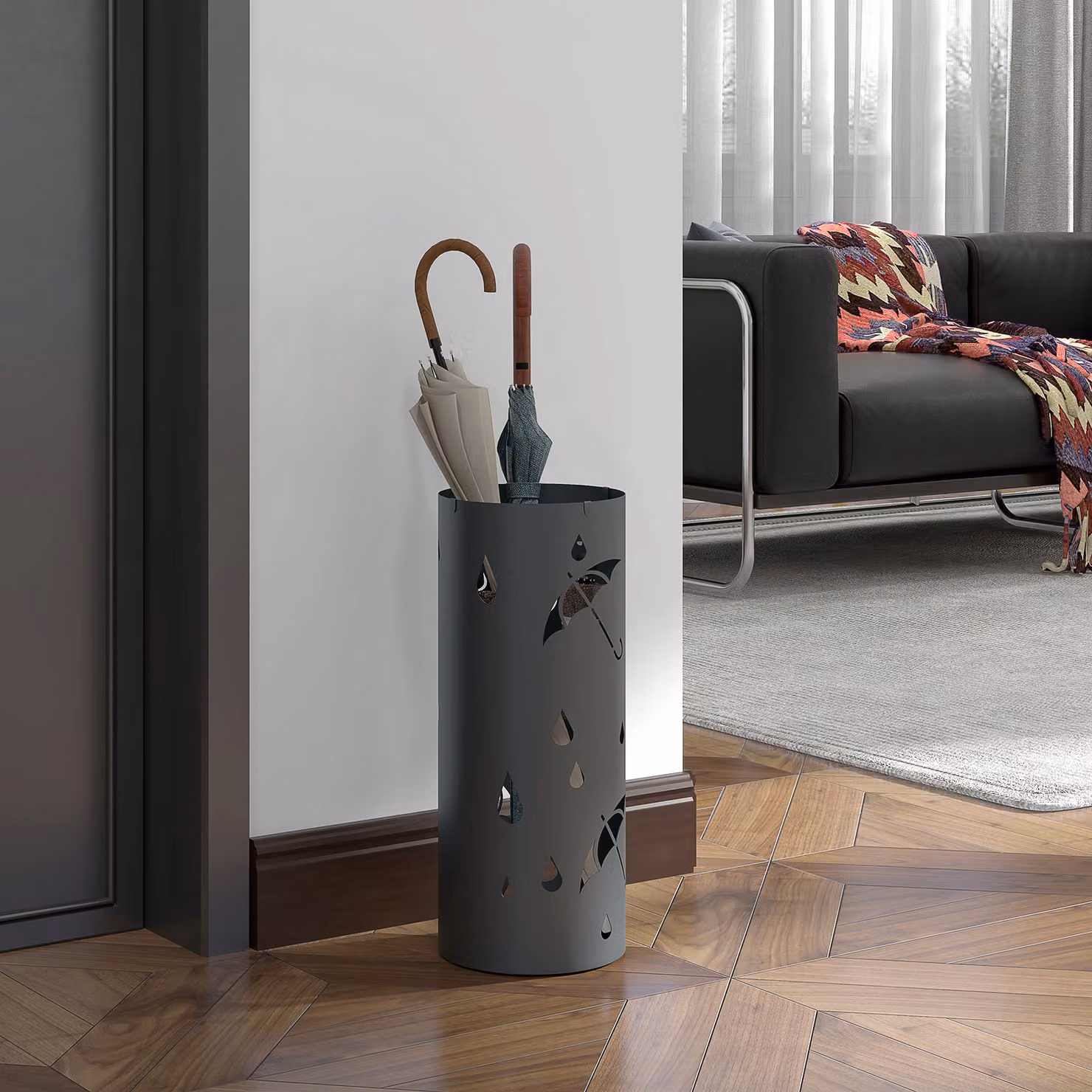 HOMCOM Circular Umbrella Stand with Hooks and Removable Water Tray, Dark Grey – 7