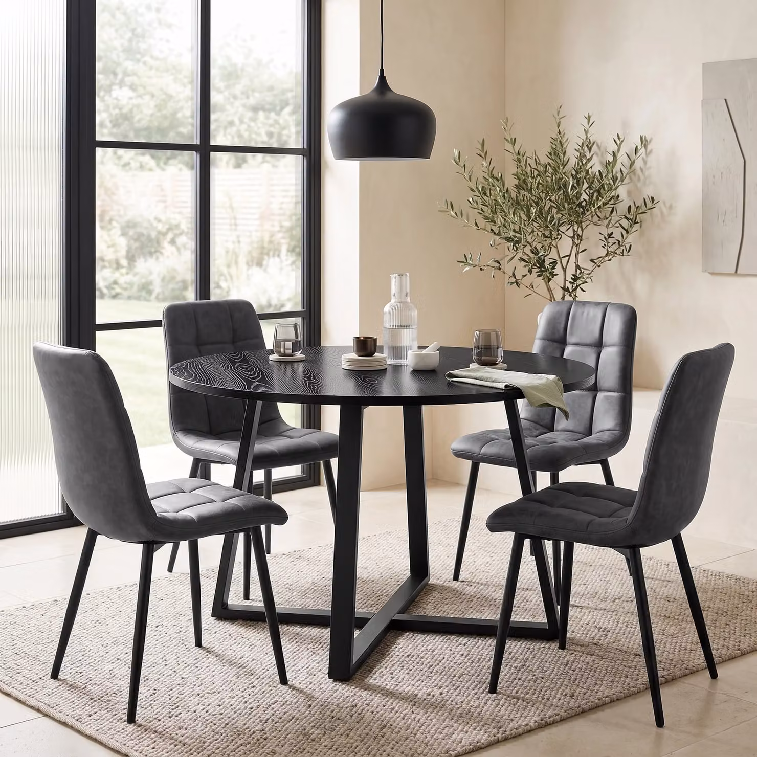 DHS Kyvon Round Dining Table Set with 4 Chairs in Black and Grey