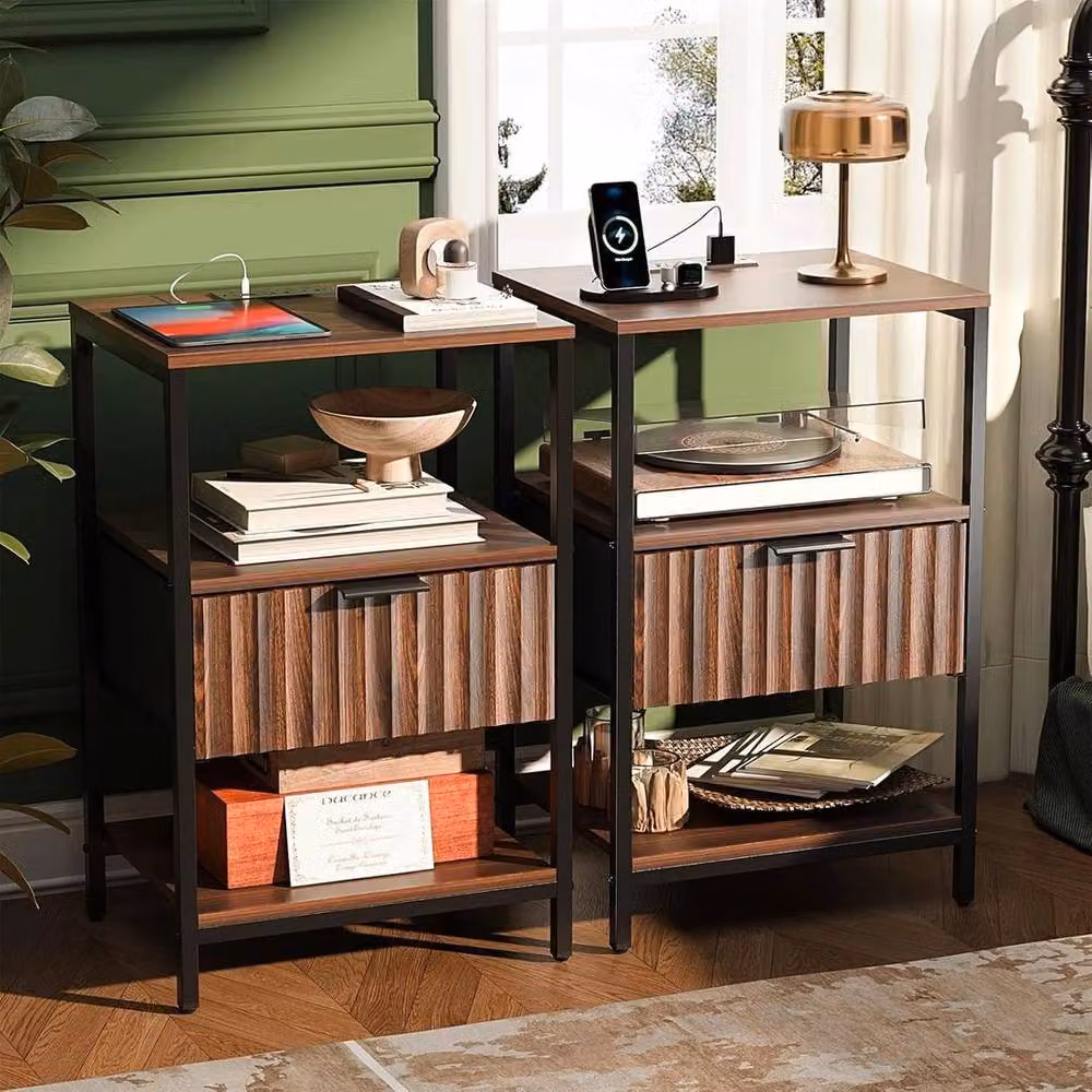 KORVIXA Bedside Table with 1 Drawer and Charging Station in Walnut Brown, W/D/H: 100 x 100 x 100 cm – 3