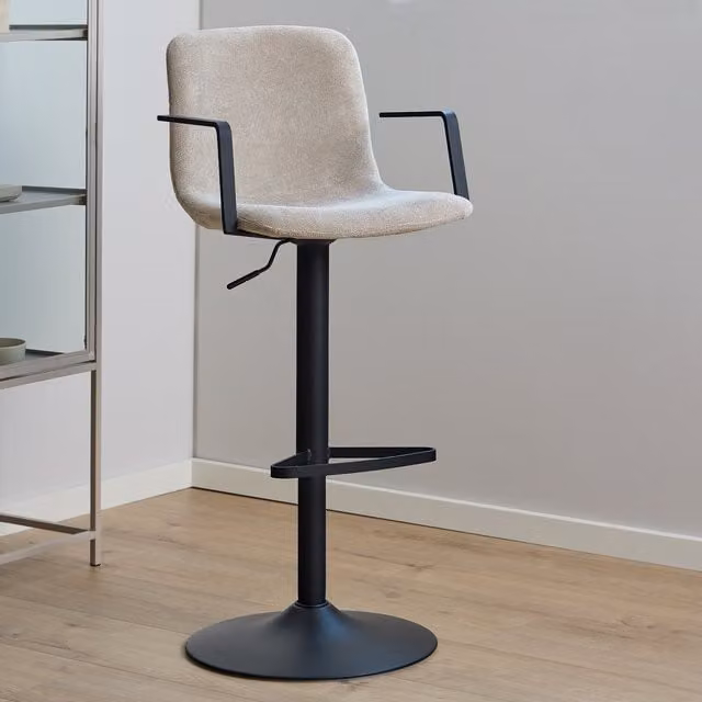 Furniture To Go Pair of Pablo Swivel Bar Stools in Beige Fabric with Black Metal Frame