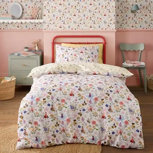 Belle & Boo Garden Friends Reversible Cotton Single Duvet Cover and Pillowcase Set, White and Yellow Floral, W/D/H: 135 x 200 cm and 50 x 75 cm – 1