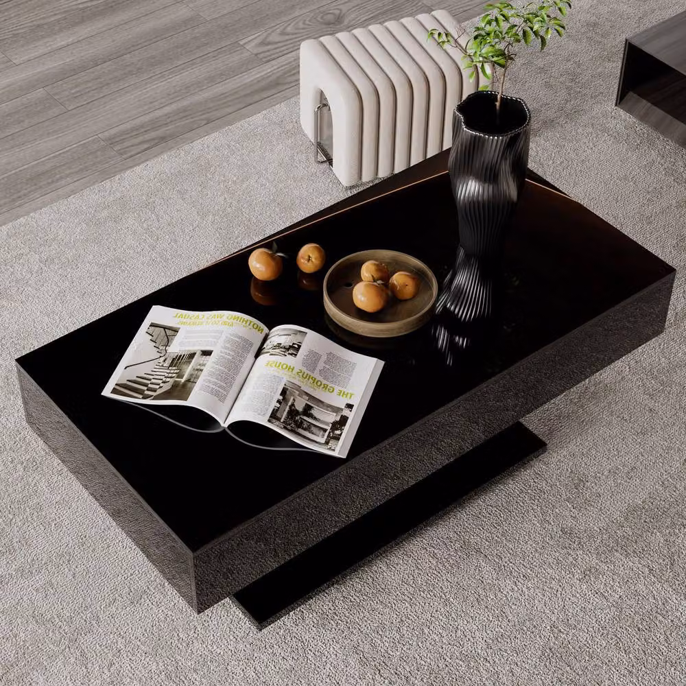 KEEPREAPER High Gloss Rectangular Coffee Table with 16-Colour LED Light in Black – 2