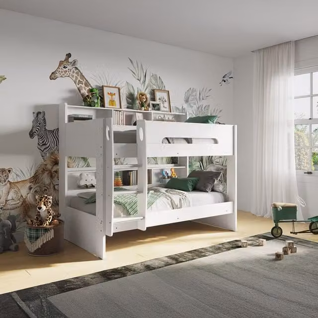 Flair Furnishings Interstellar Two-Level Bunk Bed in White and Grey with Side Compartments and Bedside Shelf, W/D/H: 90 x 200 x 165 cm – 1