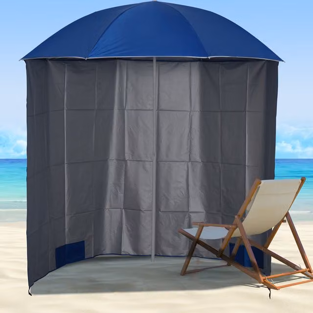 Outsunny Blue and Silver Fishing Umbrella Beach Parasol with Polyester Canopy and Central Pole