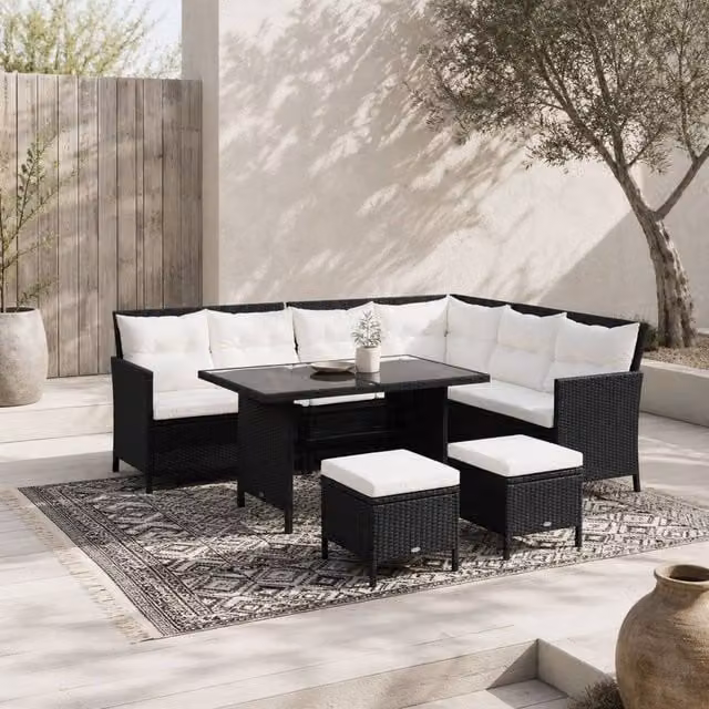 Wyld Haus Semapa 8 Seater PE Rattan Corner Dining Sofa Set in Black and Cream – 1