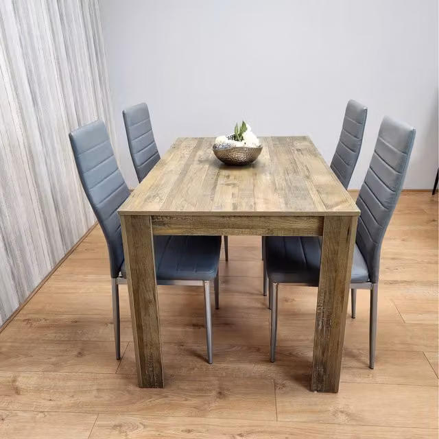 Kosy Koala Rustic Rectangular Dining Table and Metal Chairs Set in Brown, Black and Grey