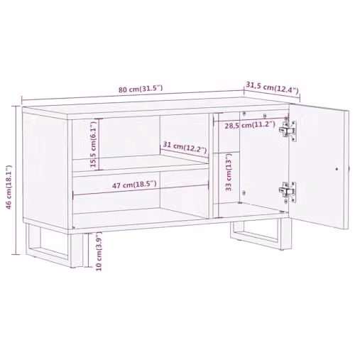 vidaXL Industrial Mango Wood and Metal TV Cabinet in Brown and Black, W: 80 cm, D: 31.5 cm, H: 46 cm – 3
