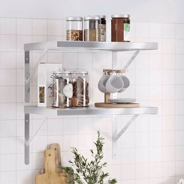 Berkfield Home Set of 2 Silver Stainless Steel Wall Mounted Shelves, W: 50 cm, D: 40 cm, H: 3 cm