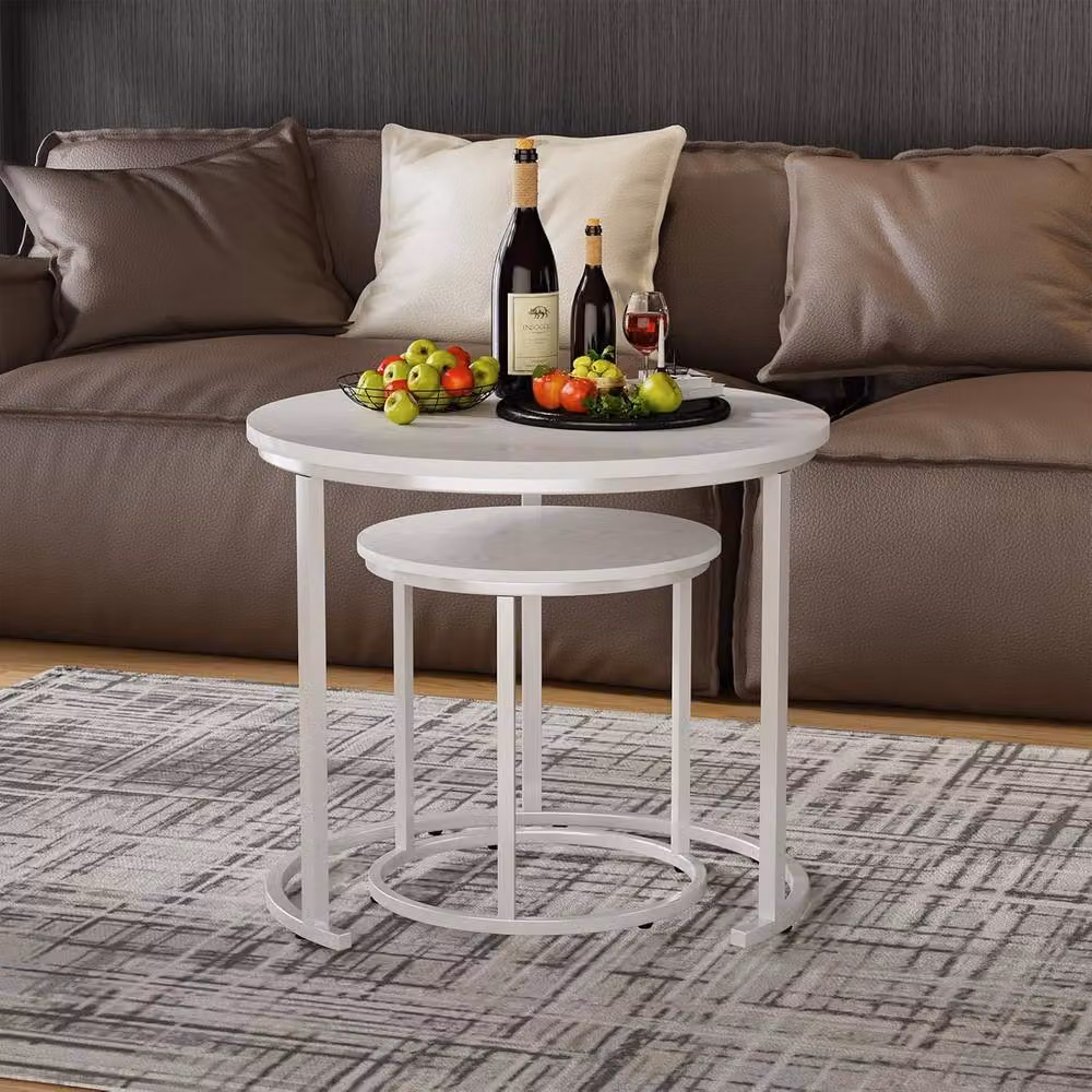 Huhote Modern Round Nesting Coffee Tables Set of 2 with White Metal Frame and White Wood Finish – 3