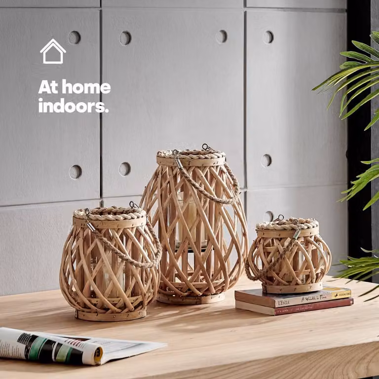 LIVIVO Set of 3 Rustic Wicker Candle Lanterns in Grey and Beige with Rattan and Glass Details