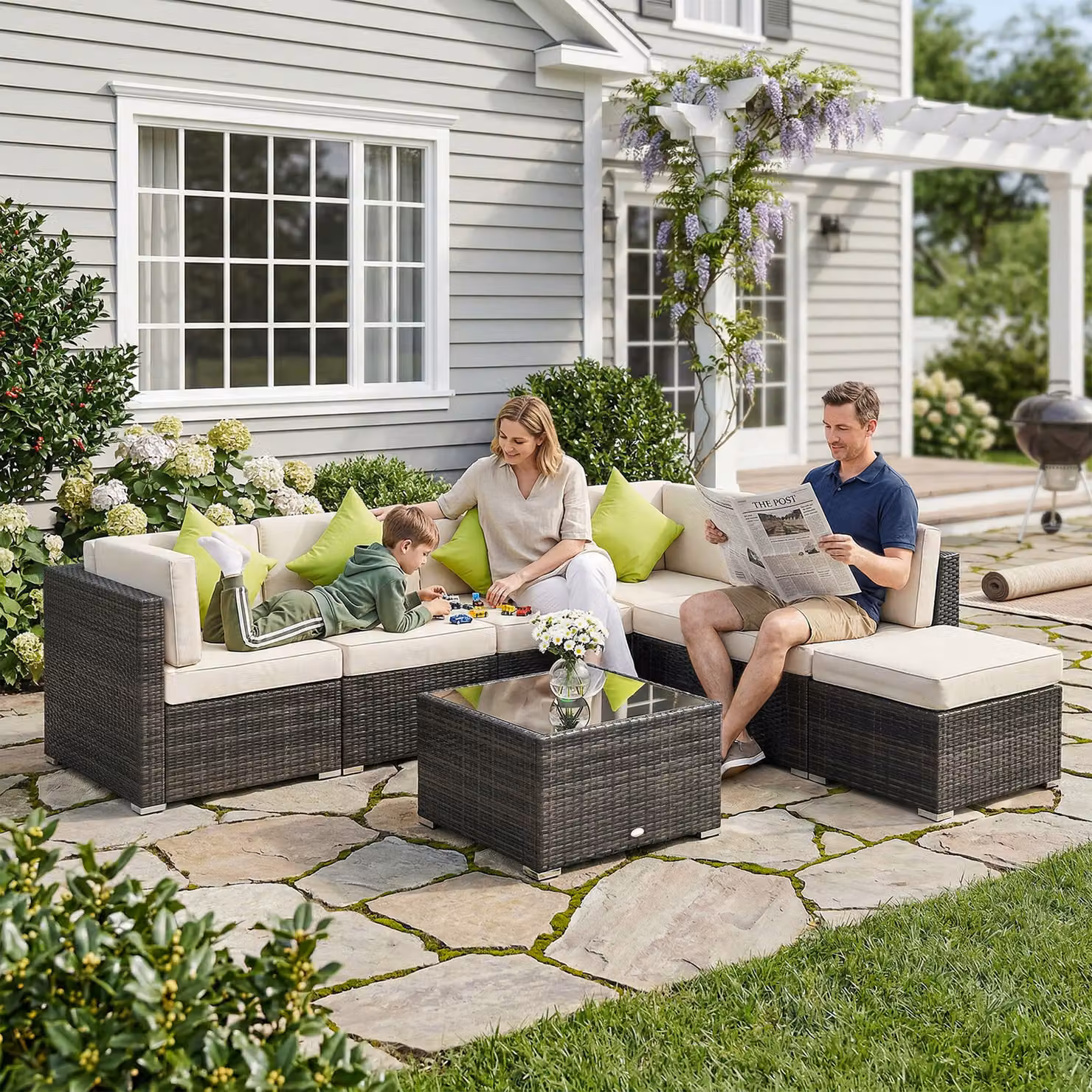 Outsunny 7-Seater L-Shape Rattan Garden Furniture Set with Upholstered Cushions, Ottoman and Coffee Table, Brown – 8