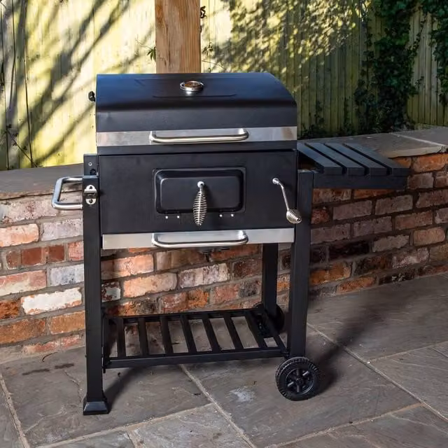 NESTLUNE Black Steel Portable Charcoal BBQ Trolley with Warming Rack and Cover, W/D/H: 115 x 46 x 106 cm