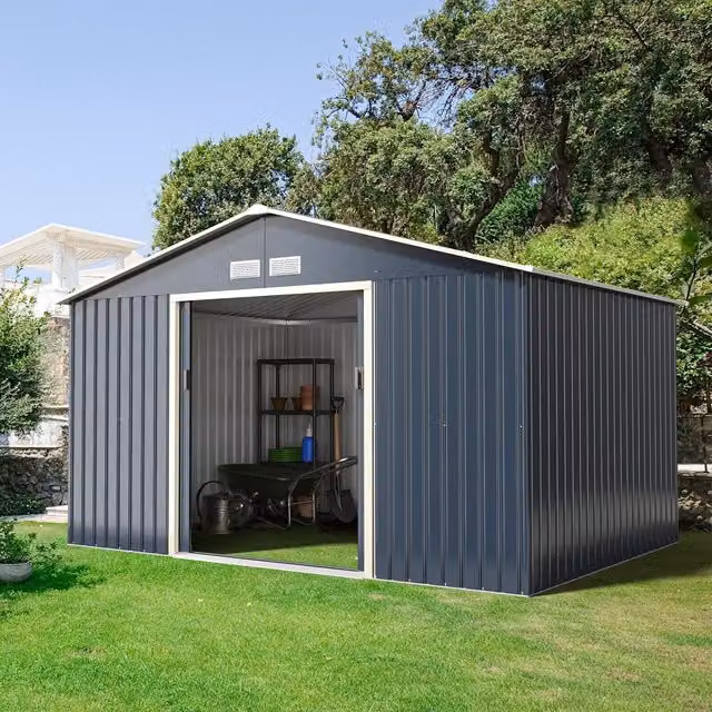 COSTWAY Large Steel Utility Storage House with Sliding Doors and Side Vent in Grey