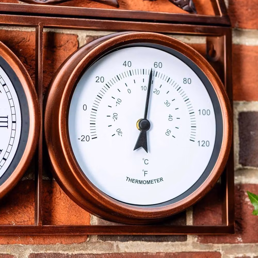 FLAVORA Highgrove Bronze Metal Analog Garden Wall Clock with Thermometer, W/D/H: 100 x 15 x 15 cm – 2