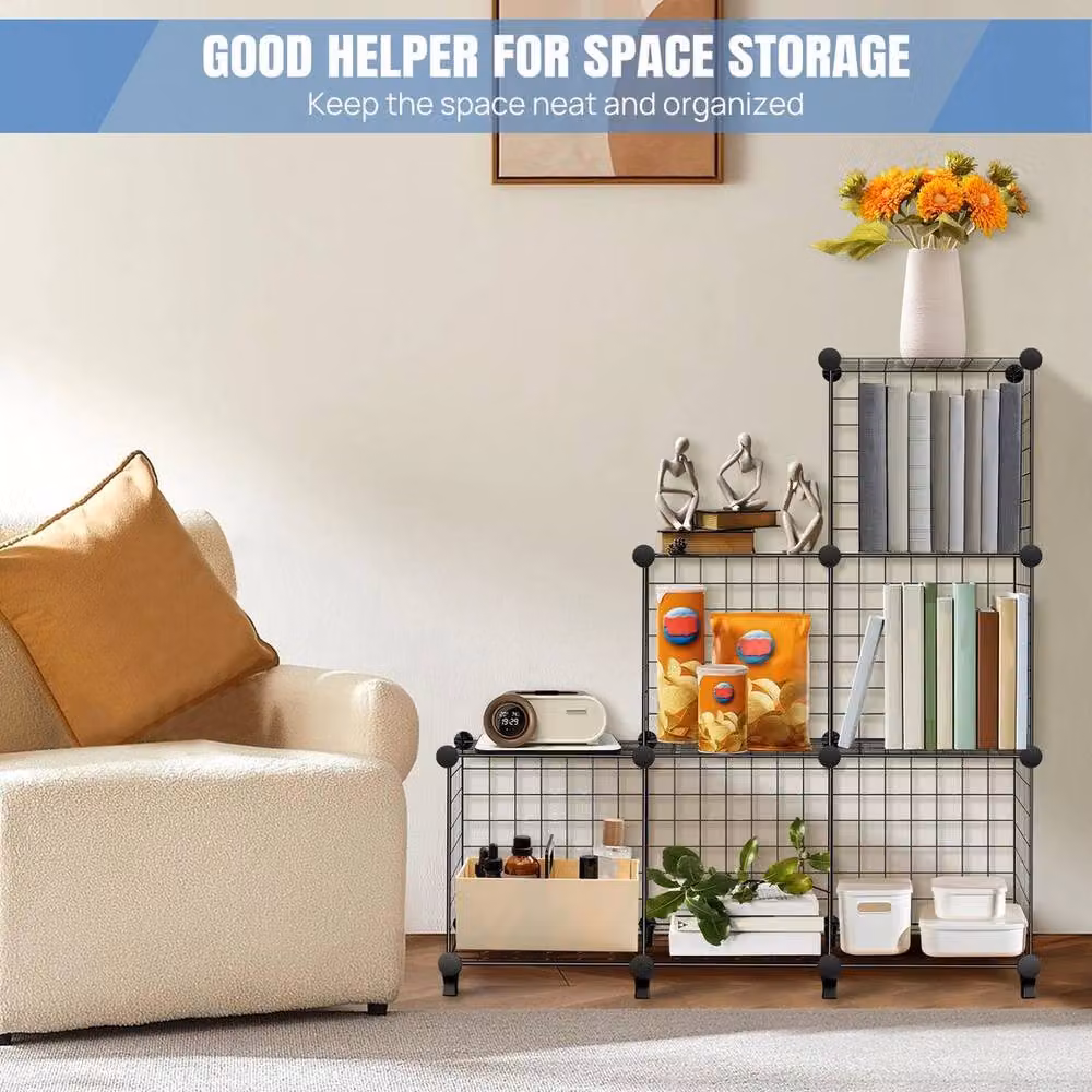 PAWNORA 6 Cube Metal Wire Storage Organizer Shelving Unit in Black, W: 100 cm, D: 15 cm – 3