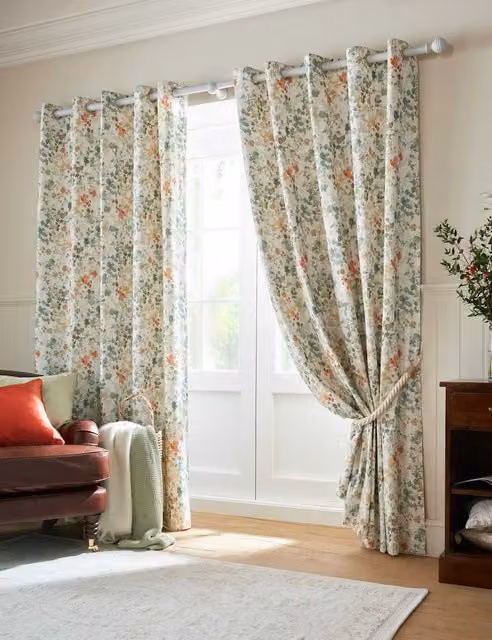 Laura Ashley Old Castle Leaves Eyelet Curtains, Green Multicolour, Cotton Rich Thermal Insulating Opaque Fabric