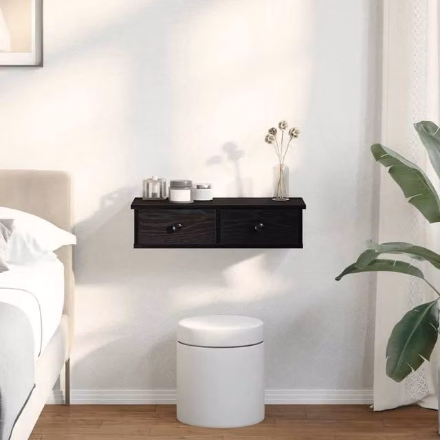 Berkfield Home Wall Mounted Shelf with Drawers in Black, W/D/H: 60 x 25 x 15 cm