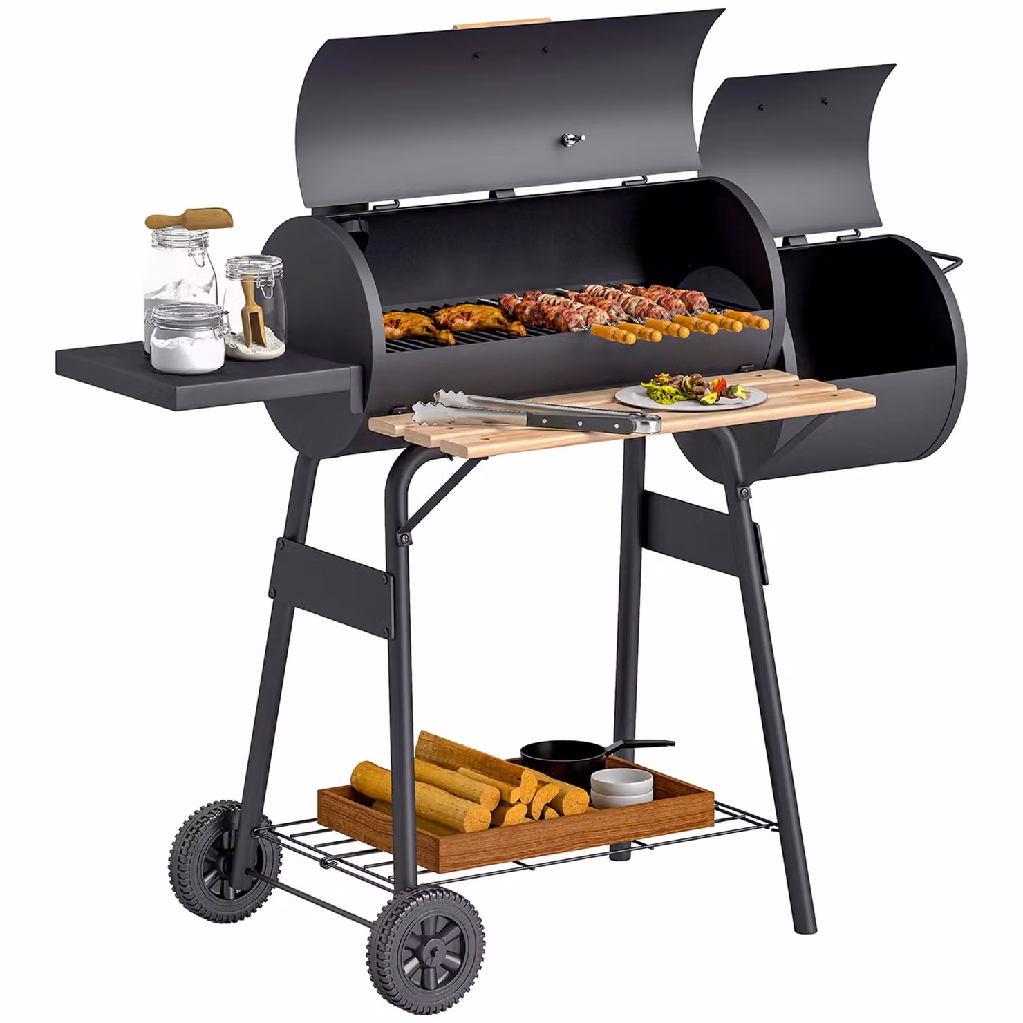 Outsunny Portable Charcoal BBQ Grill and Steel Offset Smoker Combo with Thermometer and Wheels, Black, W/D/H: 124 x 53 x 104 cm – 3