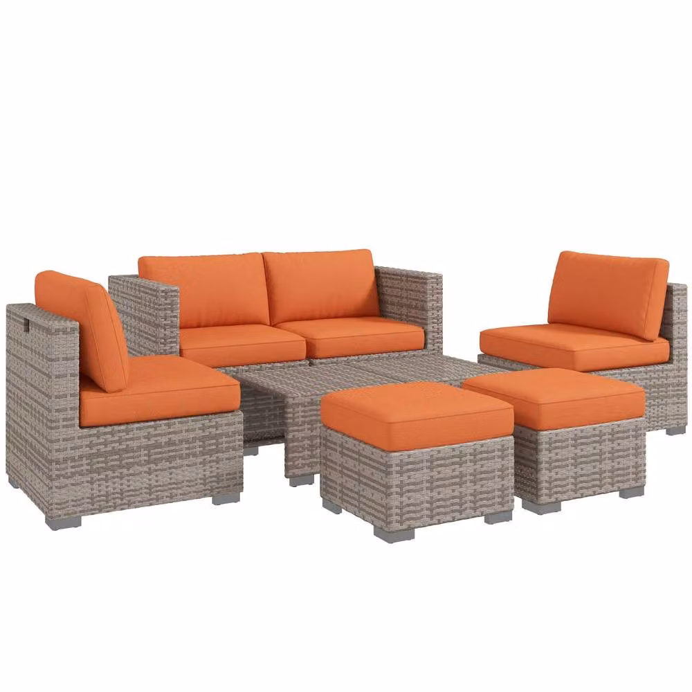 Wyld Haus Suve 6 Seater Grey PE Rattan Garden Furniture Set with Orange Cushions – 2