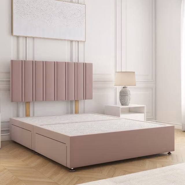 BSSPOKE Sienna Double Divan Bed with 24 inch Plush Headboard and 2 Drawers in Pink, W/D/H: 140 x 200 x 30.48 cm