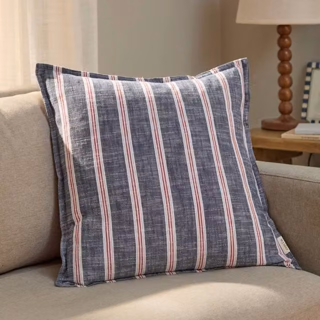 Wylder Abersoch Stripe Cotton Decorative Square Cushion in Multicolour Red and Blue, W/D/H: 50 x 50 x 50 cm