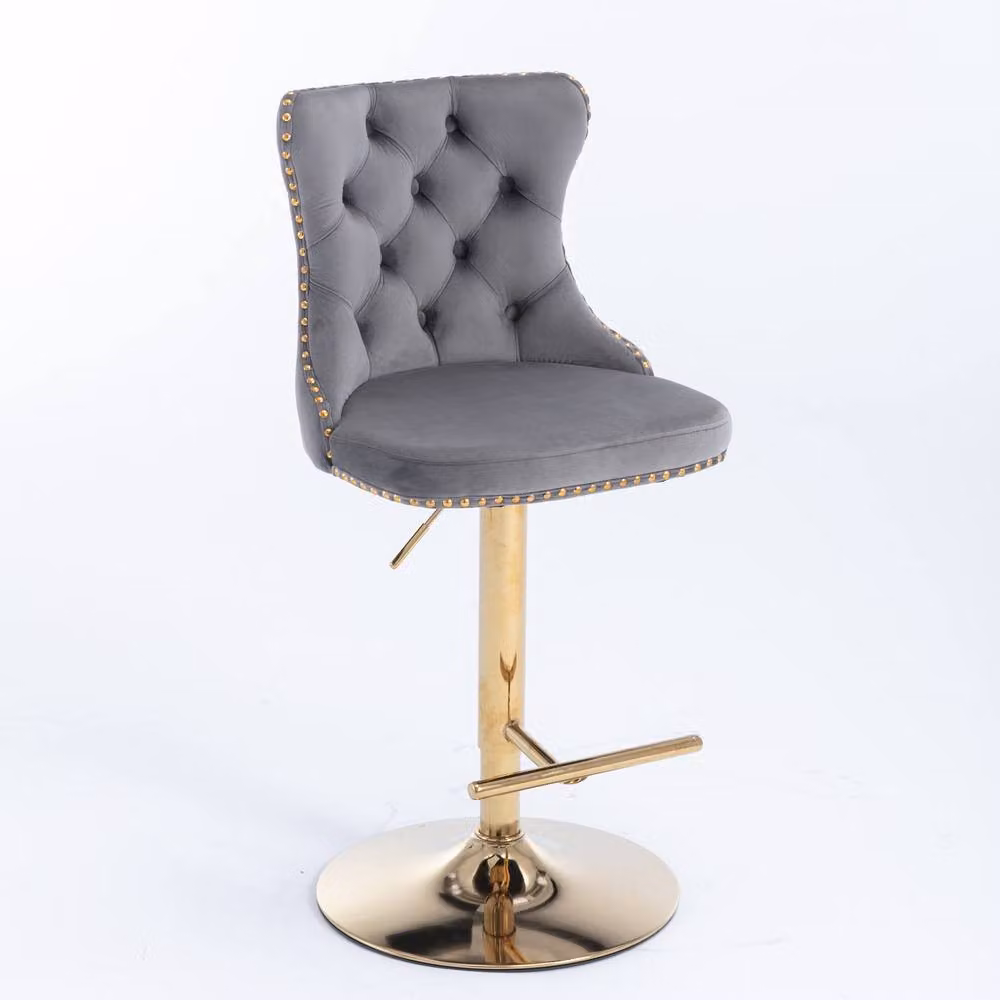 Modern Home Touch Set of 4 Grey Velvet Adjustable Swivel Bar Stools with Gold Metal Base – 3