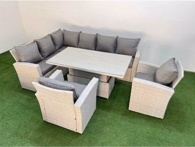 Fimous 8-Seat L-Shape PE Rattan Outdoor Corner Sofa Set with Adjustable Lifting Table in Light Grey Mixed Rattan and Dark Grey Fabric