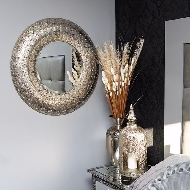 Madison & Mayfair Moroccan Style Round Wall Mirror with Silver Metal Frame