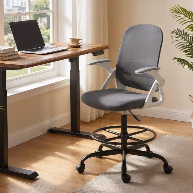 HOMCOM Grey Mesh Drafting Chair with Flip-up Armrests and Castors