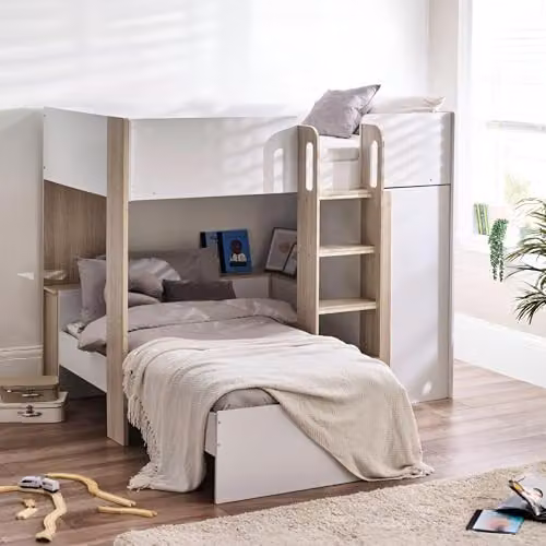 Julian Bowen Horizon Two-Level Bunk Bed in White and Wood with Stairs and Side Compartments, W/D/H: 90 x 190 x 160 cm – 1
