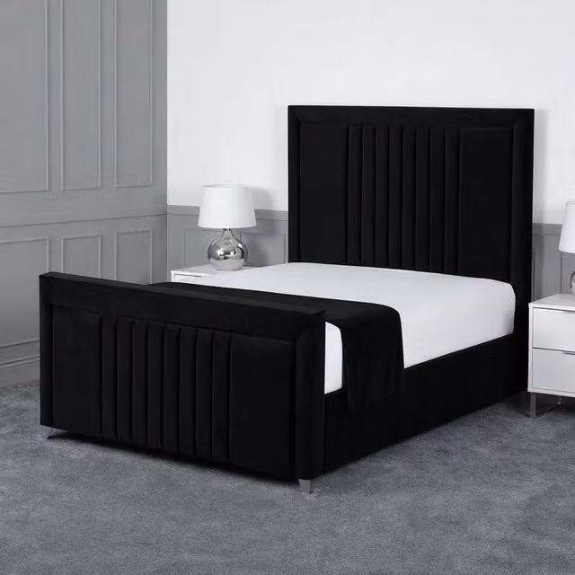 Living Comfort Bedz Celeste Plush Velvet Upholstered Bed with Slatted Base and 48 Inch Headboard in Black, Super King – 1