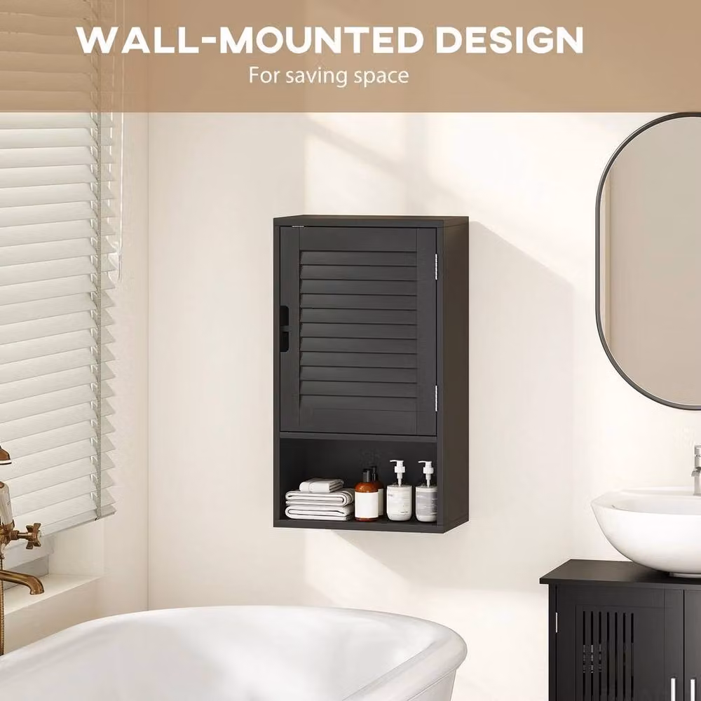 PAWNORA Modern Black Matt Wall Mounted Bathroom Cabinet with Internal Shelves and Open Shelf Doors – 3