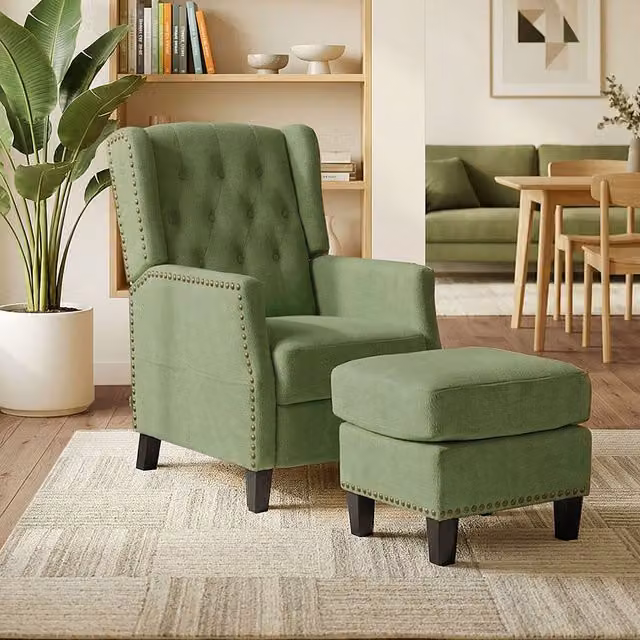 Livingandhome Green Fabric Upholstered Relax Recliner Chair with Matching Ottoman