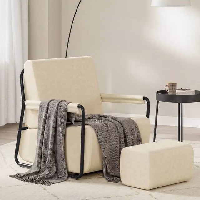 SoBuy Modern Velvet Armchair with Matching Ottoman in Beige and Black – 1